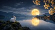 © AbdulHakim - A white rabbit sitting on a rocky shore looking at a glowing full moon reflecting on a tranquil lake surrounded by mountains at night, fantasy nature landscape
