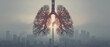 © พีระพล บุญนําเสถียร - Surreal double exposure of human lungs as tree silhouettes connected to a smoking chimney over a foggy city, symbolizing the deadly link between air pollution, industrialization, and human health