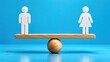 © Alamin - Modern wooden balance scale with white gender icons isolated against bright blue background.