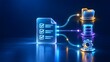 © abdul studio - Glowing digital checklist document distributing data streams to folder, database, and gear icons for automated task execution and enterprise resource planning