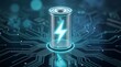 © CuteBee - Glowing cylindrical battery cell with lightning icon inside digital circuit board background representing advanced energy storage technology and future of electric power innovation concept