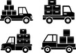 © GraphicsWorld - Black silhouette delivery truck icons with cargo boxes