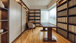 © digital mine - Sophisticated home office and library room featuring extensive wooden bookshelves, file boxes, study desk, comfortable armchair, hardwood flooring, soft window light, and professional organization set