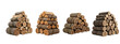 © Deni - Set of four distinct piles of chopped dry firewood logs arranged in neat pyramid shapes, featuring natural bark texture and wooden grain, isolated on transparent background for easy compositing.