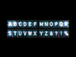 © Mister - Close-up view of a retro-futuristic CRT alphabet sheet with distinct typewriter key shapes, arranged in two rows, on a dark background with neon accents and soft shadows - AI-Generated