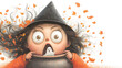 © Olena Liulko - A whimsical cartoon art of a quirky wide-eyed witch in a black hat looking shocked as a tiny friendly ghost pops out of her cauldron amid swirling autumn leaves