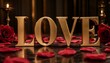 © bestphoto - Golden love letters with red rose petals on a dark table for romantic celebration