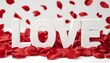 © bestphoto - Large white letters spelling love surrounded by falling red rose flower petals