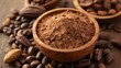 © Leonardo - Proteína en polvo con sabor a chocolate en un cuenco de madera, junto a trozos de cacao oscuro y habas de cacao