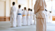 © photo for everything - Group of children line up in a martial arts dojo wearing traditional white gi uniform and different colored belts to practice self defense