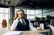 © be free - Sad businessman after project failure. Upset man frustrated by business problem. Business man in depression. Business collapse. Overworked businessman. Overworked business manager