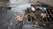 © Murtirin - Clogged storm drain filled with debris and trash on a wet street.