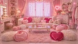 Pink romantic living room with heart cushions and teddy bears