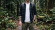 © Studio Fiuza - Mockup Man with backpack and tattoos in forest wearing plaid shirt and cargo pants mockup