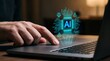 © Henry Gwyn - Person using laptop keyboard with glowing digital interface hologram displaying artificial intelligence processor chip circuitry symbols and data code visualization elements