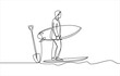 © Godadhr - Businessman in suit standing on a surfboard holding a shovel continuous line drawing