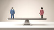 © musab - Conceptual metal male and female figures balanced perfectly on industrial metal scale platform.