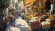 © Kang - Sunny narrow alleyway in a European village filled with colorful fruit and vegetable stands.