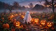 © Bilal - Halloween ghost in pumpkin patch at dusk, glowing jack o lanterns in misty field, spooky autumn farm landscape with fog and barn, seasonal holiday celebration background
