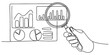 © Vector Line King - A hand holding a magnifying glass to look at business charts and financial graphs in a simple continuous line drawing vector illustration isolated on transparent background, Vector