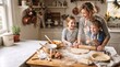 © ON - Studio - Happy Caucasian mother teaching her two young children to make a pumpkin pie in a cozy kitchen, flour dusting the wooden table, creating a warm holiday baking scene, family tradition and shared