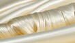 © ernawatima - Close-up of fine cream-colored fibers wrapped around a cylindrical strand, with smooth white tubes in the background creating a soft abstract textile texture
