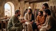 © AlfaSmart - Jesus Christ teaching disciples inside a stone dwelling. Biblical scene of discussion and fellowship. Christianity and Catholic faith. Gospel teaching and religious community.