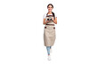 © deagreez - Full size photo of optimistic nice brown hair lady hold teapot wear t-shirt apron isolated on grey color background