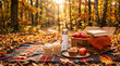 © Iryna - Autumn picnic in forest with hot cocoa, basket and blanket, fall season relaxation and outdoor enjoyment