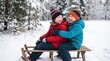 © iravgustin - Joyful children actively participate in fun outdoor winter games. Two siblings rest happily on a classic wooden sled in a beautiful snowy forest.