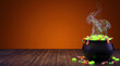 © phanlakhon - Black witch cauldron overflowing with glowing green candy and gummy worms with smoke on wooden table