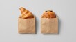 © ThreadCraft Studio - Fresh croissant and pastry in brown kraft paper bags takeaway mockup on grey background