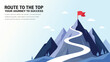 © Emon khan - Business success journey infographic with mountain peak, winding path and goal flag, growth strategy, achievement, leadership and progress concept, vector illustration