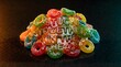 © SubaDesigns - Colorful sour gummy candy rings melted into a pile with stuck together in the heat lettering on dark reflective studio background