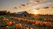 © Cloudyew - A picturesque pumpkin patch glows under a warm sunset, showcasing vibrant orange pumpkins scattered across a field, with a rustic barn adding charm to the rural landscape.