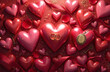 © Mudassir - Romantic red heart backdrop with golden wedding rings, glossy pink 3D hearts background, elegant Valentine day love concept for anniversary design