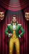 © Mirivox - A man in a formal green and yellow suit stands before a red curtain, flanked by theater masks, symbolizing performance and duality.