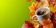 © Anastasiya - Steaming cup of coffee surrounded by vibrant autumn leaves on a bright green background, evoking warmth and seasonal comfort.