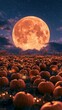 © rabbit75_fot - a pumpkin patch at night, illuminated by the glow of a full moon. The sky is a deep blue with scattered stars, and the moon is a bright, glowing orange.