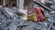 © AspctStyle - Child backpack lying on concrete rubble and debris in a destroyed building, symbolizing lost innocence and humanitarian crisis for war conflict reporting and social awareness campaigns.