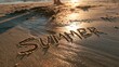 © Engineer Jahid - The word summer written in the wet sand on a beach at sunset with golden light reflecting on the water and wet surface of the shoreline sand