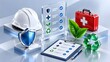© M@rketVisualsStudio - Occupational HSE compliance management concept with protective hard hat medical kit checklist clipboard and green sustainability symbols