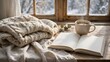 © Pixie Veyra - Cozy winter scene with an open book and steaming coffee mug by a window with a knitted sweater