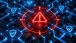 © karmila - Glowing red warning triangle targeting a central microchip on a motherboard surrounded by secure blue processor nodes
