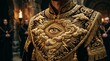 © PAIJOSCENE - Close up of an elaborate ceremonial robe featuring gold embroidery of the Eye of Providence during a secret society initiation ritual in a dark stone chamber with atmospheric torch light.