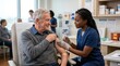 © Jennifer - A male senior adult receives a vaccine shot in the arm from a female nurse in a medical clinic setting