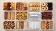 © AeroPixel - Top view of organized food containers filled with healthy snacks nuts dried fruit and crackers. portable hiking rations