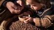 © Evarelle - Child holding wooden bowl of dried beans beside adult hands sorting grain harvest. Close-up of small hands and weathered hands over crop pile. Family farming and food heritage.