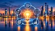 © abdul studio - Glowing lightbulb encircled by project planning rocket launch and analytics icons over a modern city skyline symbolizing strategic business growth