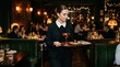 © Svitlana - Young woman holding a cocktail or dessert tray in a dim restaurant, formal dark outfit with crisp white collar, focused downward gaze, warm amber practical lights and deep green background, cinematic